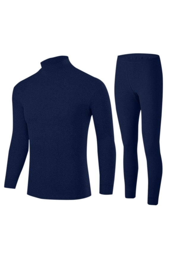 Thermal Set for Men Seamless Round Neck Solid Color High Elasticity Base Layer Skiing Winter Warm Top & Bottom Navy L