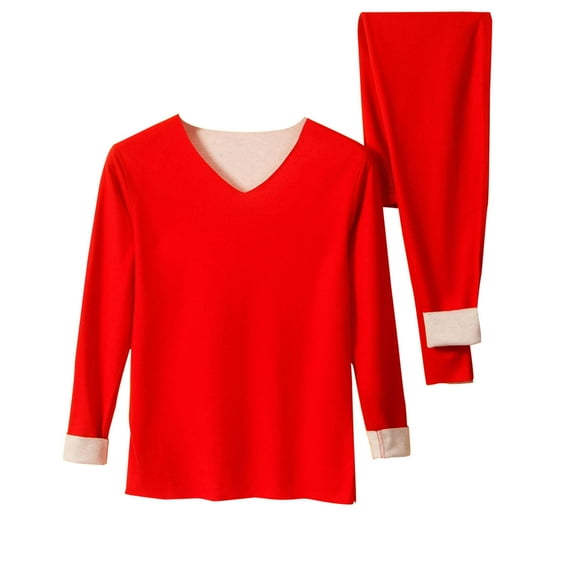 Riecok Thermal Set for Men Seamless V Neck Solid Color High Elasticity Keep Warml Thermal Underwear Sets Red XXXL