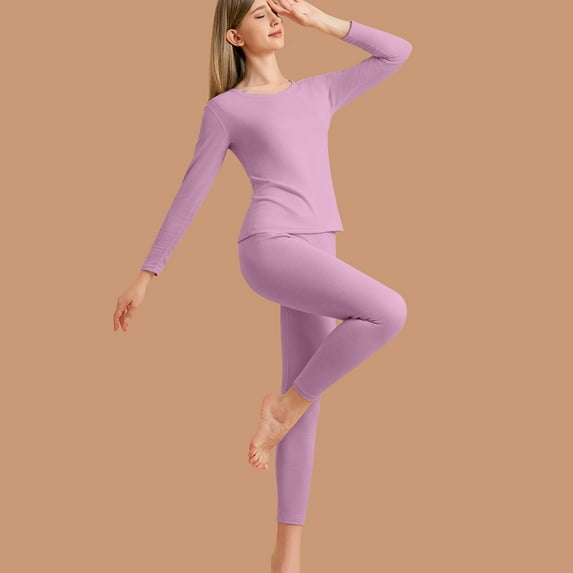 Riecok Thermal Set for Women Plus Size Seamless Round Neck Solid Color High Elasticity Warm and Thick Velvet Home Clothes Purple L