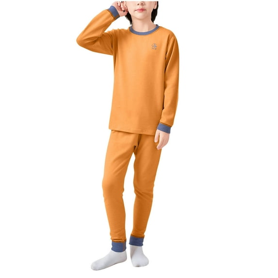 Riecok Thermal Underwear Set for Kids Long Sleeve Solid Color Pullover Tops and Long Pants Fall Warm Sleepwear Sets