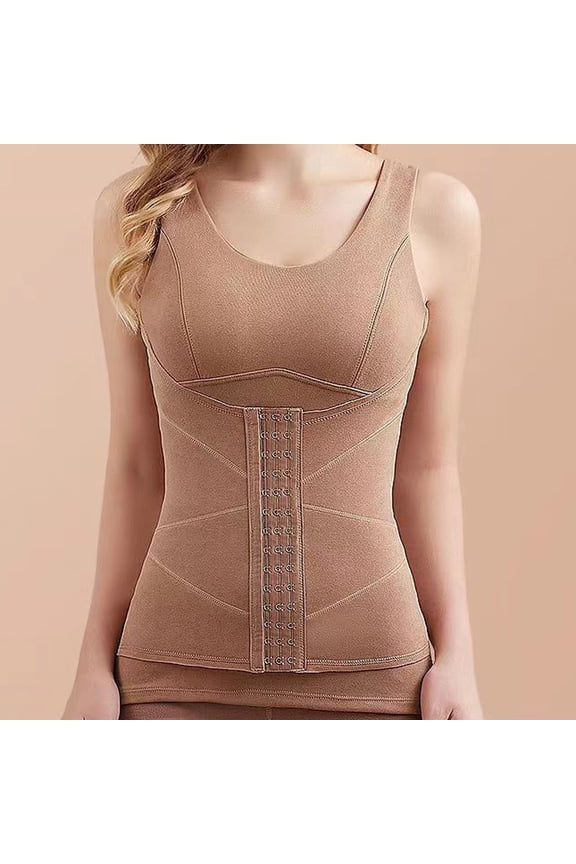 Thermal Underwear for Women Tops Body Shaper Slimming Girdle for Women Stomach Shapewear Round-Neck Built-In Breast Pads Button Warmth Winter Fall Fashion Shaper Slimming Girdles Khaki 3XL