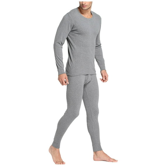 Riecok Thermal Underwear for Men Seamless Round Neck Solid Color High Elasticity Warm and Thick Velvet Home Clothes Gray XL