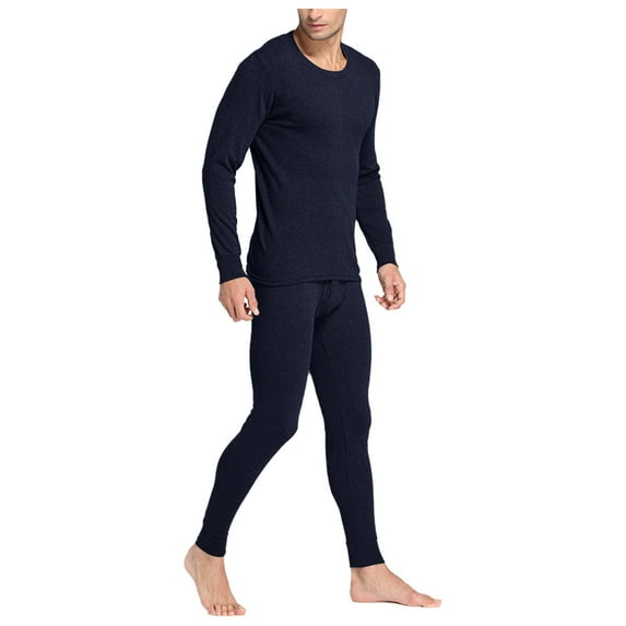Riecok Thermal Underwear for Men Seamless Round Neck Solid Color High Elasticity Warm and Thick Velvet Home Clothes Navy M