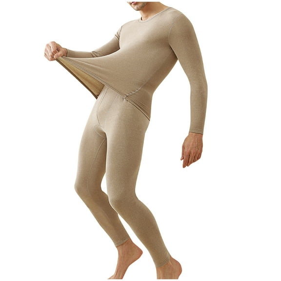 Riecok Thermal Underwear for Men Seamless Round Neck Solid Color High Elasticity Winter Sports Thermal Underwear Beige L