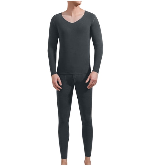 Riecok Thermal Underwear for Men Set Seamless Round Neck Solid Color High Elasticity Thermal Underwear Pajama Sets Dark Gray XXL
