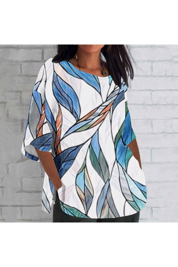 Three Quarter Sleeve Tops for Women v Neck 3/4 Sleeve Tops Long Summer Indoor and Outdoor Loose Casual Plus Size Loose Cotton Printing Blue 4XL