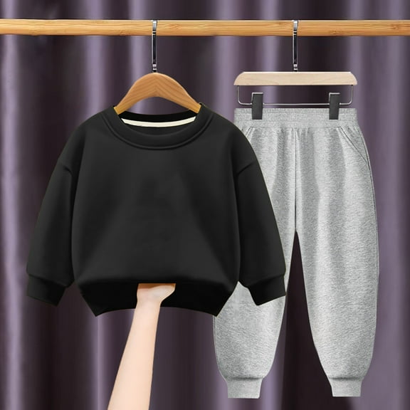 Riecok Toddler Baby Boy Girl Clothes Crewneck Long Sleeve Sweatshirt Tops and Jogger Pants Casual Fashion Solid Color 2PCS Fall Winter Outfits Set Black 8 Years