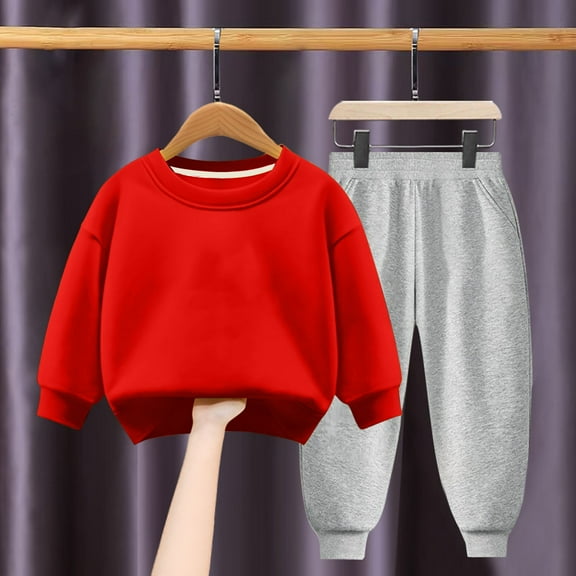 Riecok Toddler Baby Boy Girl Clothes Crewneck Long Sleeve Sweatshirt Tops and Jogger Pants Casual Fashion Solid Color 2PCS Fall Winter Outfits Set Red 4 Years
