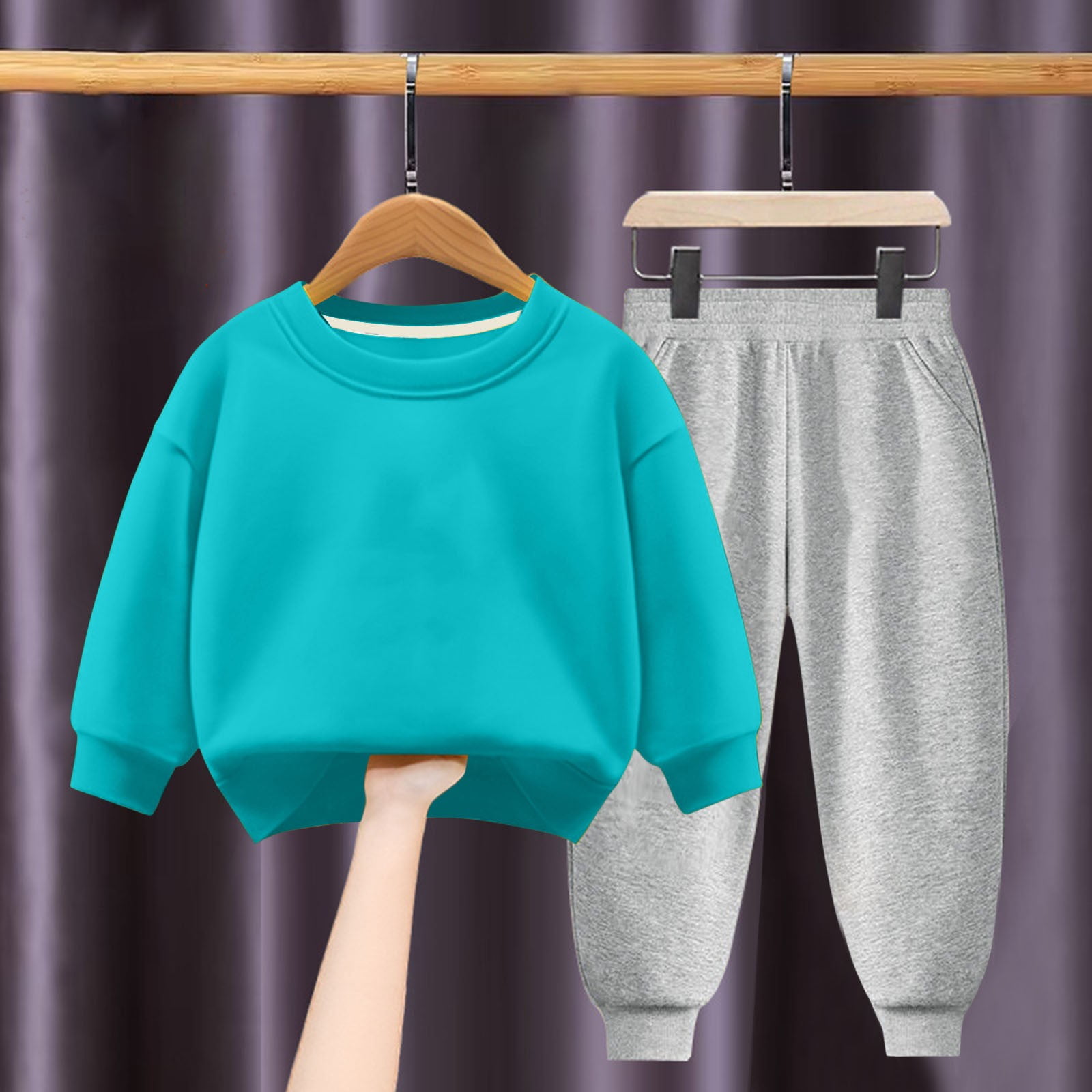 Riecok Toddler Baby Boy Girl Clothes Crewneck Long Sleeve Sweatshirt Tops and Jogger Pants Casual Fashion Solid Color 2PCS Fall Winter Outfits Set Sky Blue 8 Years
