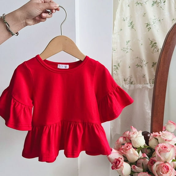 Riecok Toddler Boys Girls Casual T-Shirt Comfortable Girl Ruffle Sleeve Solid Color Western Style Top Fashion Loose Western Style Top Indoor Outdoor Party Performance Red 120