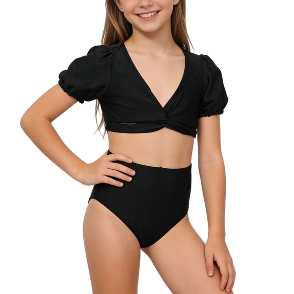 Riecok Toddler Girl Swimsuit Summer High Waisted Ruched Quick Dry Bathing Suit Solid Beach Two Piece Swimwear