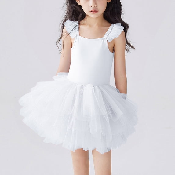 Riecok Toddler Girls Sleeveless Solid Color Ballet Dress Tulle Dance Practice Outfit for 2-6 Years Soft Mesh Skirt White 4-5 Years