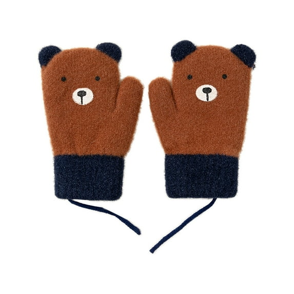 Riecok Toddler Mittens Stretch Hanging Neck Bear Print Cold Protection Gloves for Children Brown 3 Years