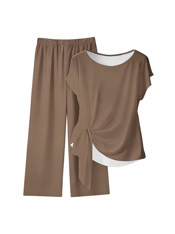 Travel Sets for Women Outfit 2 Piece Loose Lounge Sets Crewneck Short Sleeve Tops and Pant Going out Travel Sets Brown 2XL