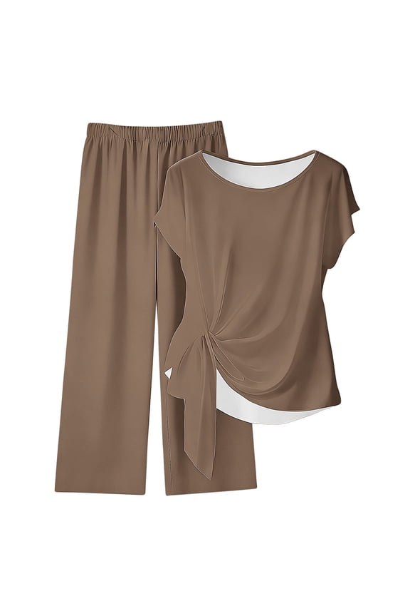 Travel Sets for Women Outfit 2 Piece Loose Lounge Sets Crewneck Short Sleeve Tops and Pant Going out Travel Sets Brown XL