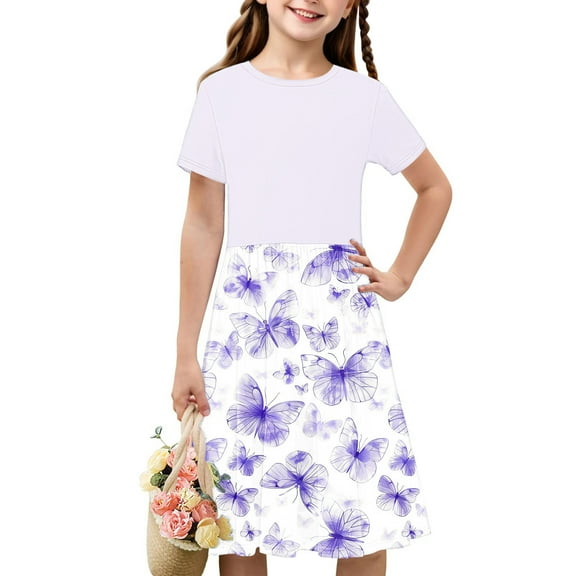 Riecok Tween Girls Butterfly Print Short Sleeve Dress Patchwork Ruffle A-Line Dress Casual Summer Dress Kids Fashionable Clothing Cute Dress Purple 7 Years