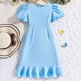 thumbnail image 1 of Riecok Tween Girls Elegant Fit and Flare Dress (8-13 Years) Puff Sleeve Short Sleeve Round Neck Knee-Length Dress Kids Fashion Party Dress Sky Blue 8-9 Years, 1 of 8