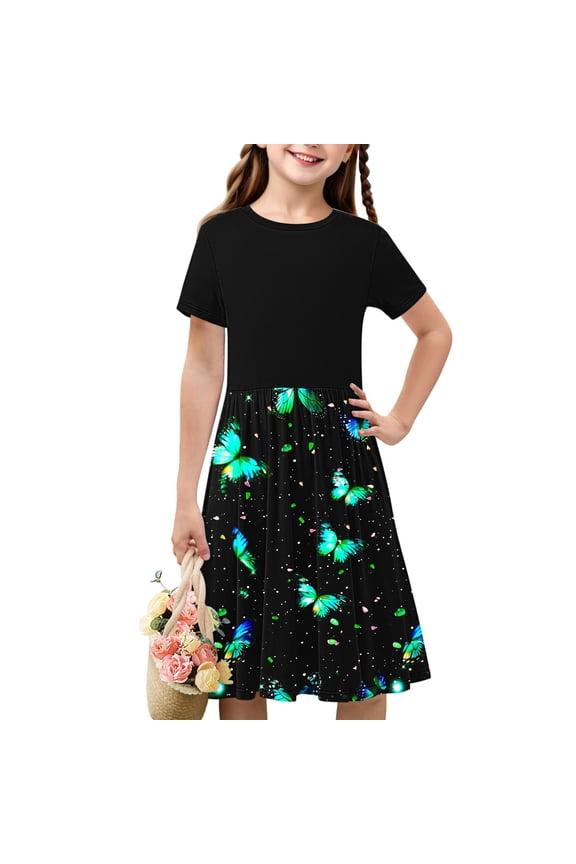 Tween Girls Patchwork Butterfly Print Short Sleeve Dress Simple A-Line Dress Casual Summer Outfit Kids Fashion Cute Ruffle Black 7 Years