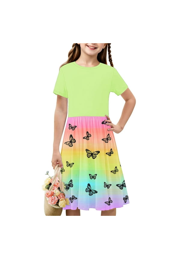 Tween Girls Patchwork Butterfly Print Short Sleeve Dress Simple A-Line Dress Casual Summer Outfit Kids Fashion Cute Ruffle Multicolor 13 Years