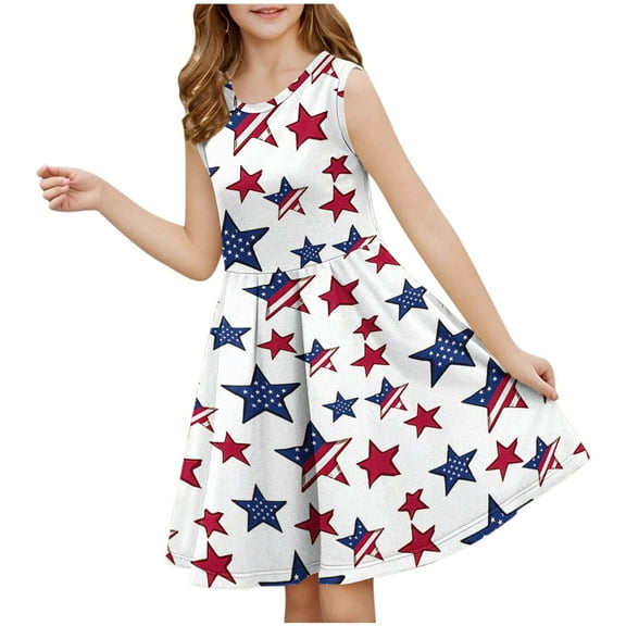 Riecok Tween Girls Summer 4th of July Dress Sleeveless Casual Sundress Independence Day Clothing Round Neck A-Line Dress Fitted Waist Patriotic Light Blue 3 Years