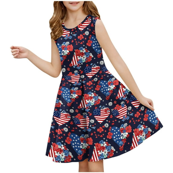 Riecok Tween Girls USA Dress Sleeveless Summer Casual Sundress 4th of July Outfit Independence Day Round Neck A-Line Dress Fitted Waist Light Blue 5 Years