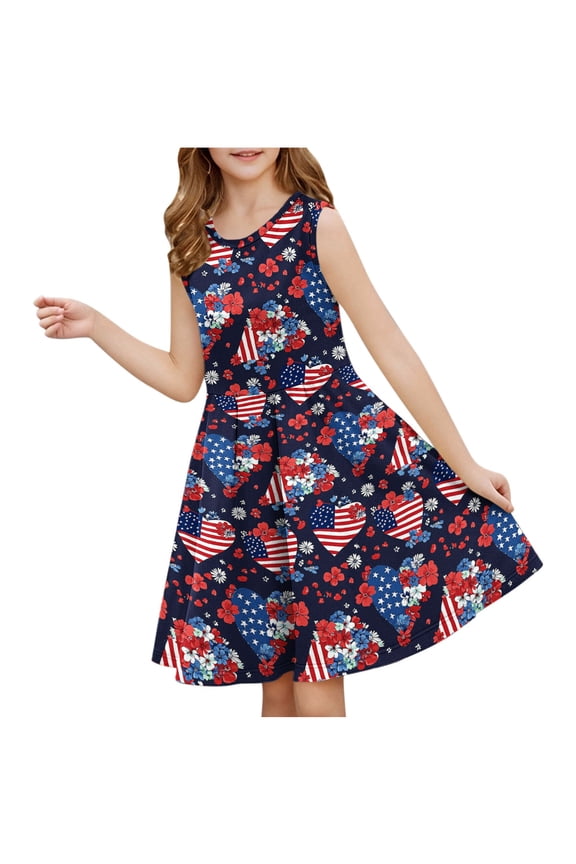 Tween Girls USA Dress Sleeveless Summer Casual Sundress 4th of July Outfit Independence Day Round Neck A-Line Dress Fitted Waist Light Blue 7 Years