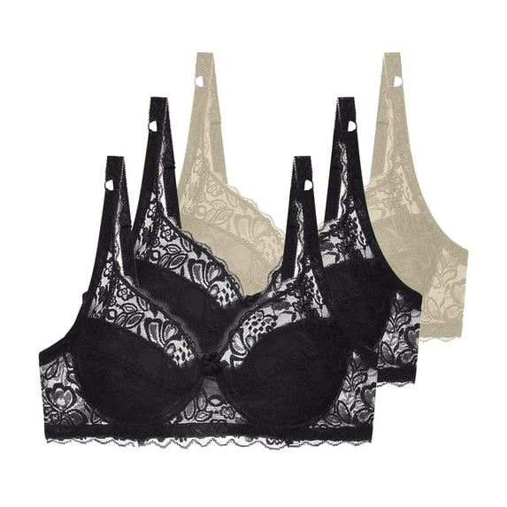 Riecok Underwire Bras for Women Plus Size Lace 3 Pack Underwire Bras Full Coverage Push Up Bras Breathable Comfortable Bras