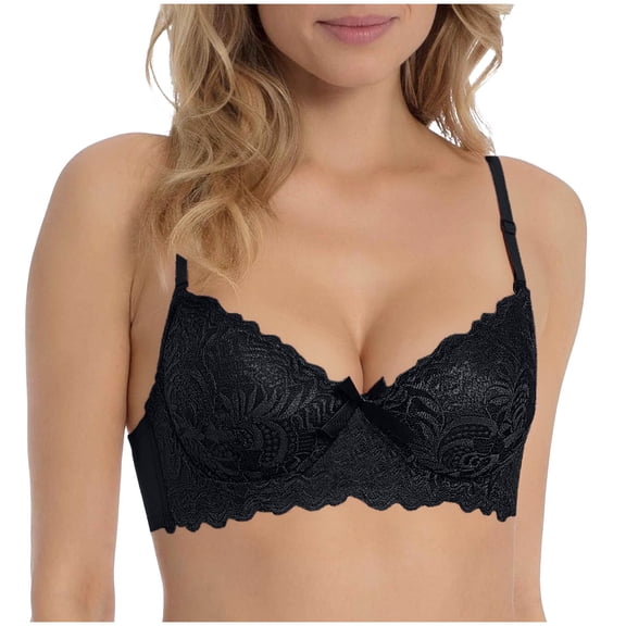 Riecok Underwire Bras for Women Push up Lace Bra Supportive Bow Decorated Breathable Spaghetti Strap Everyday Bras Black M