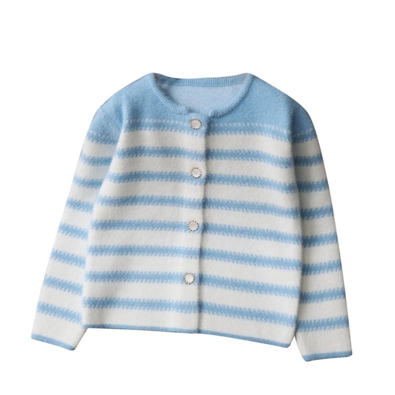 Riecok Unisex Cardigan Sweater Crewneck Long Sleeve Stripe Open Front Button Winter Kids Sweater Light Blue 10 Years