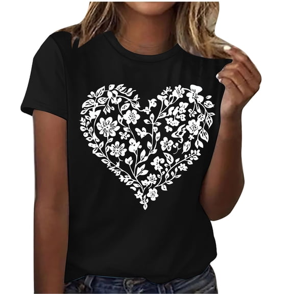Riecok Valentine Shirts for Women Plus Size Crewneck Short Sleeve Tops Blouses Heart Print Holiday Summer Tees