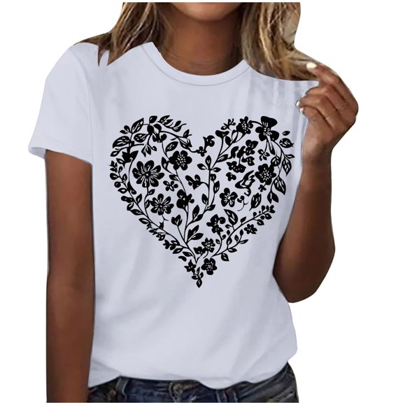 Riecok Valentine Shirts for Women Plus Size Crewneck Short Sleeve Tops Blouses Heart Print Holiday Summer Tees