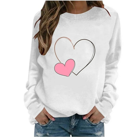 Riecok Valentine Sweatshirts for Women Heart Print Crewneck Pullover Long Sleeve Tunic Tops Dressy Holiday Blouses