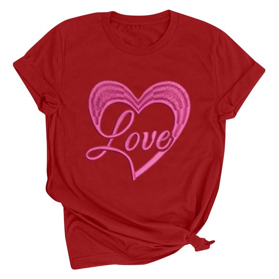 Riecok Valentines Day Shirts Women Plus Size Collared Neck Heart T Shirt for Women Short Sleeve Summer Casual Comfy Novelty Graphic Tops Red S