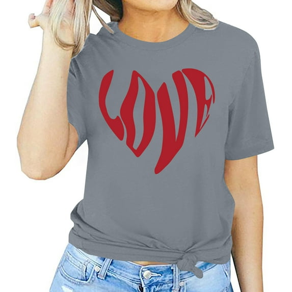 Riecok Valentines Day Shirts Women Plus Size Collared Neck Love Graphic Tee Short Sleeve Summer Comfy Casual Short Sleeve Tops Gray M