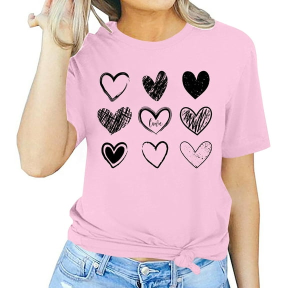 Riecok Valentines Day Shirts Women Plus Size Crewneck Heart T Shirt for Women Short Sleeve Summer Casual Comfy Novelty Graphic Tops Pink S