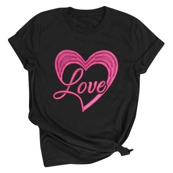 Riecok Valentines Day Shirts Women Plus Size Scoop Neck Heart T Shirt for Women Short Sleeve Summer Casual Comfy Novelty Graphic Tops Black S