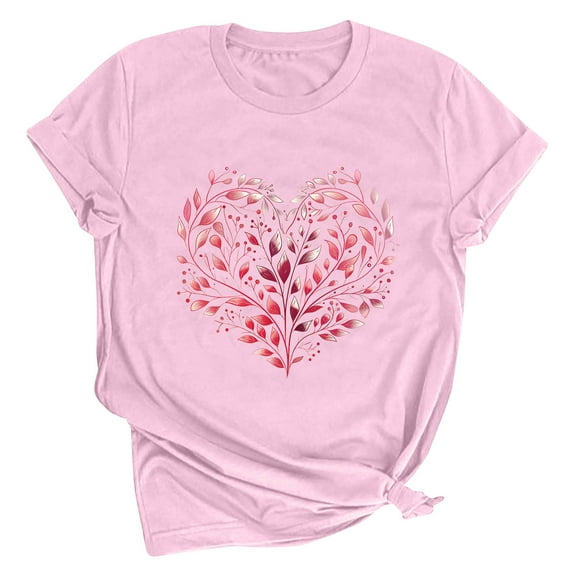 Riecok Valentines Day Shirts Women Round Neck Love Graphic Tee Short Sleeve Summer Comfy Casual Short Sleeve Tops Pink M
