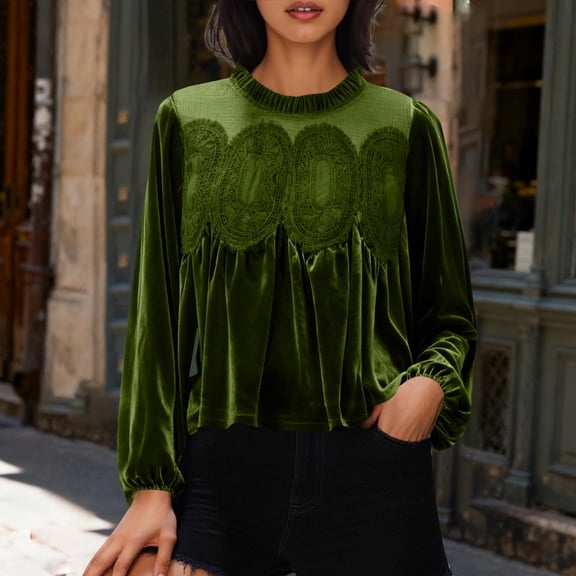Riecok Velvet Blouses for Women Long Sleeve Solid Crewneck Pullover Lace Tunic Tops Dressy Elegant Shirts