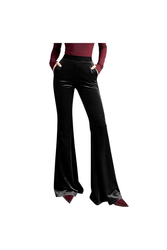 Velvet Pants Women Elastic Waist Flare Leg Pant Solid Loose Business Pants Casual Trouser with Pockets