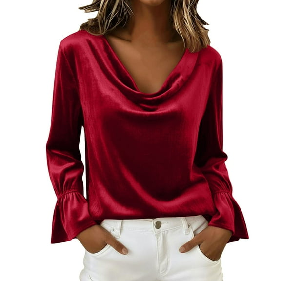 Riecok Velvet Tops for Women Long Sleeve Solid Cowl Neck Pullover Ruffle Tunic Blouses Classic vintage Elegant Shirts