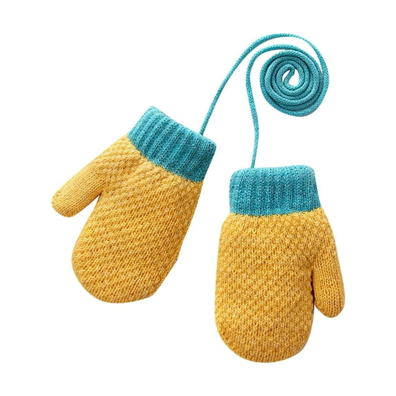 Riecok Warm Children Gloves Stretch Hanging Neck Solid Color Winter Cold Protection Mittens Yellow Free Size