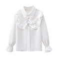 thumbnail image 1 of Riecok White Ruffle Shirt Girls Lapel Collared Solid Button down Blouse Long Sleeve Lightweight Basic Dress Tops, 1 of 3