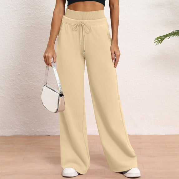 Riecok Wide Leg Sweatpants Women High Waist Drawstring Straight Leg Solid Color Workout Lounge Trousers with Pockets