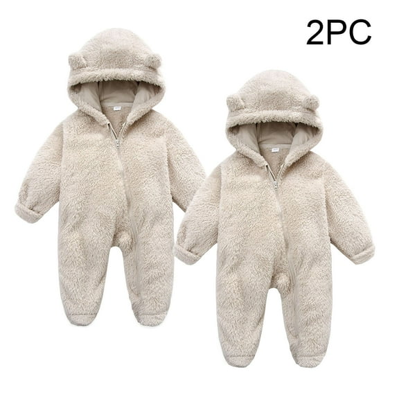 Riecok Winter Baby Clothes Fleece Thick Jumpsuit Cute Bear Ears Hooded Solid Footed Sleepers Infant Onesies Beige 3 Months