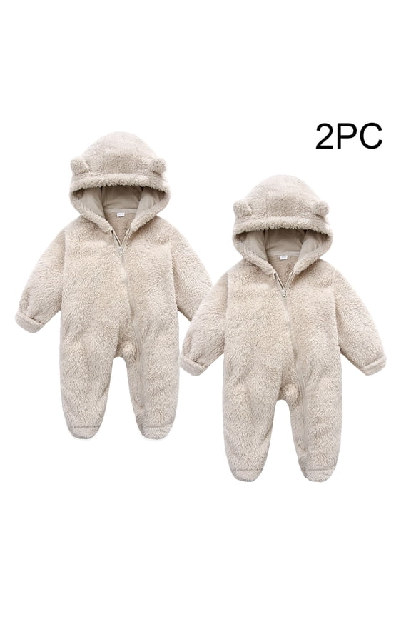 Winter Baby Clothes Fleece Thick Jumpsuit Cute Bear Ears Hooded Solid Footed Sleepers Infant Onesies Beige 6 Months