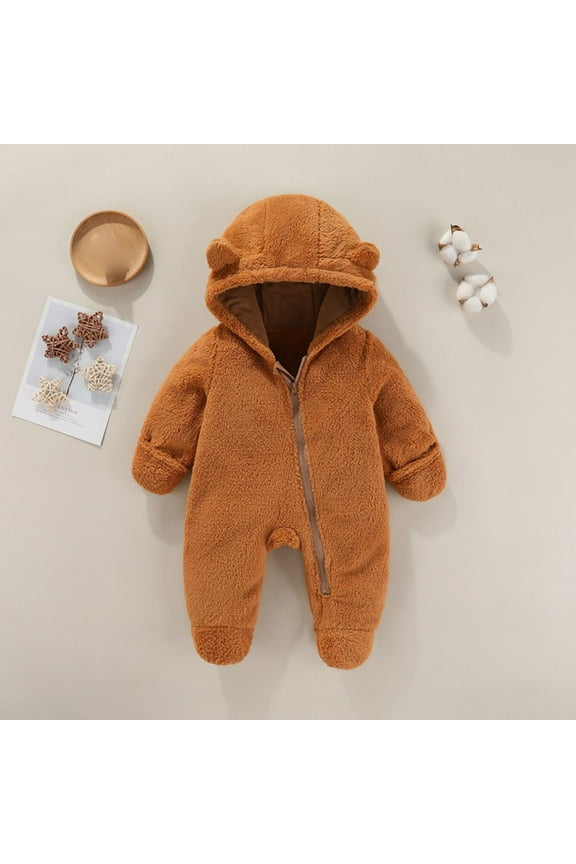 Winter Baby Clothes Fleece Thick Jumpsuit Cute Bear Ears Hooded Solid Footed Sleepers Infant Onesies Brown 6 Months