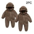 thumbnail image 1 of Riecok Winter Baby Clothes Fleece Thick Jumpsuit Cute Bear Ears Hooded Solid Footed Sleepers Infant Onesies Coffee 12 Months, 1 of 8