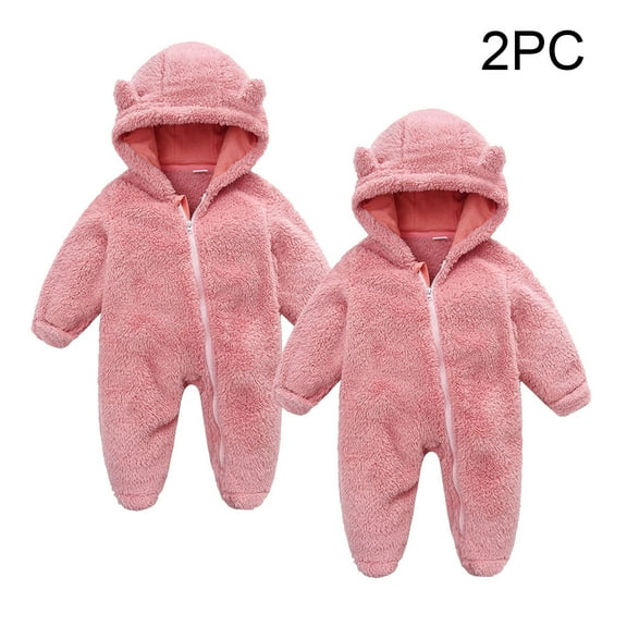 Riecok Winter Baby Clothes Fleece Thick Jumpsuit Cute Bear Ears Hooded Solid Footed Sleepers Infant Onesies Pink 6 Months