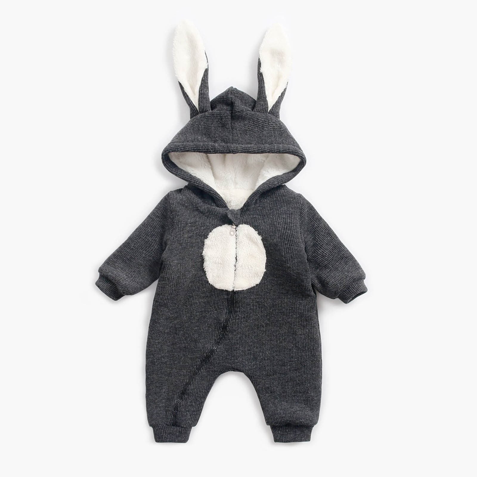 Riecok Winter Baby Clothes Fleece Thick Onesie Cute Rabbit Ears Hooded Winter Infant Clothes Gray 0 Months