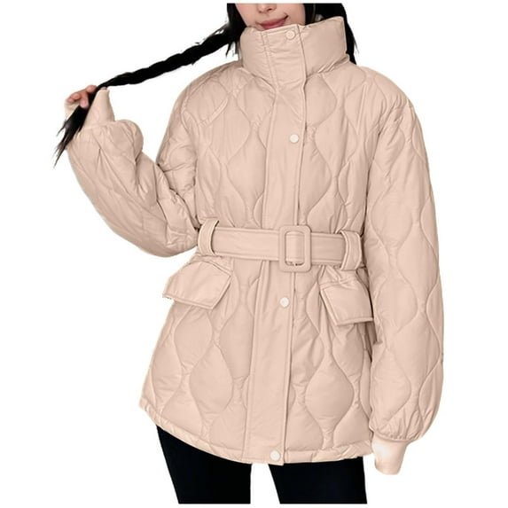 Riecok Winter Coats for Women Long Sleeve Jackets Zip Up Coats with Pockets and Belt Solid Color Casual Trendy Outerwear